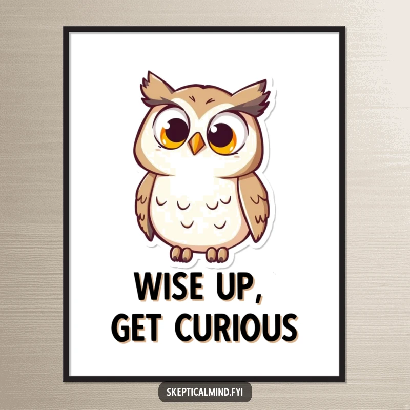 Funny Free Printable Wall Art: A curious owl with huge, wide eyes tilting its head in a questioning manner.