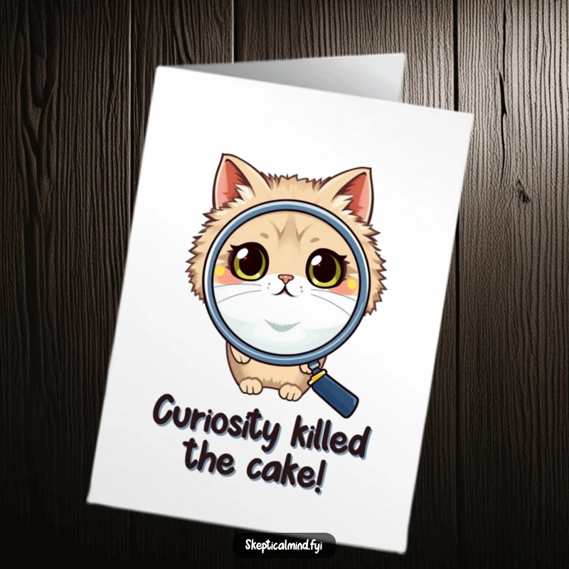 Funny Free Printable Birthday Card: Fluffy cat peers skeptically through a giant magnifying glass, looking for birthday fun.