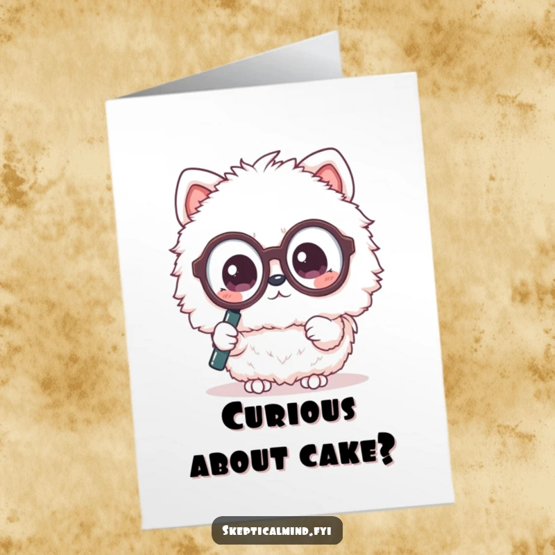 Funny Free Printable Birthday Card: A fluffy Kawaii creature with huge glasses peers inquisitively through a magnifying glass.