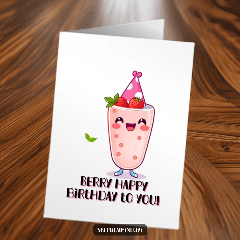Funny Free Printable Birthday Card: A joyful berry smoothie wears a tiny party hat, ready to celebrate.