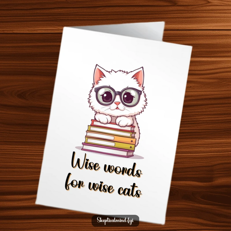 Funny Free Printable Birthday Card: A fluffy white cat wearing oversized spectacles peeking over a tall stack of books.