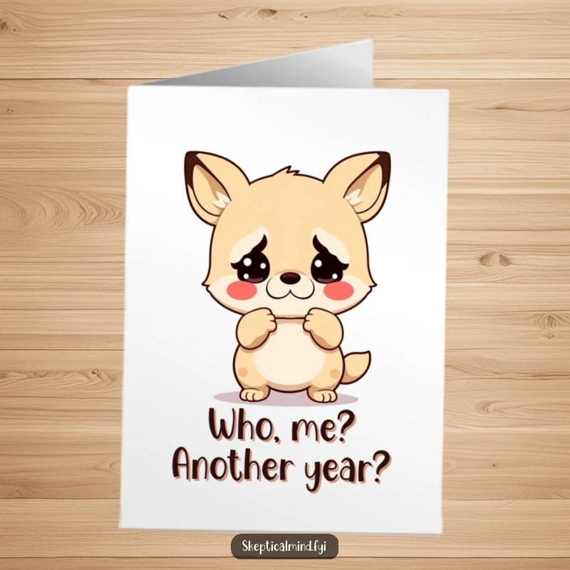 Funny Free Printable Birthday Card: Kawaii animal shrugging with an exaggerated look of disbelief, a humorous birthday greeting.