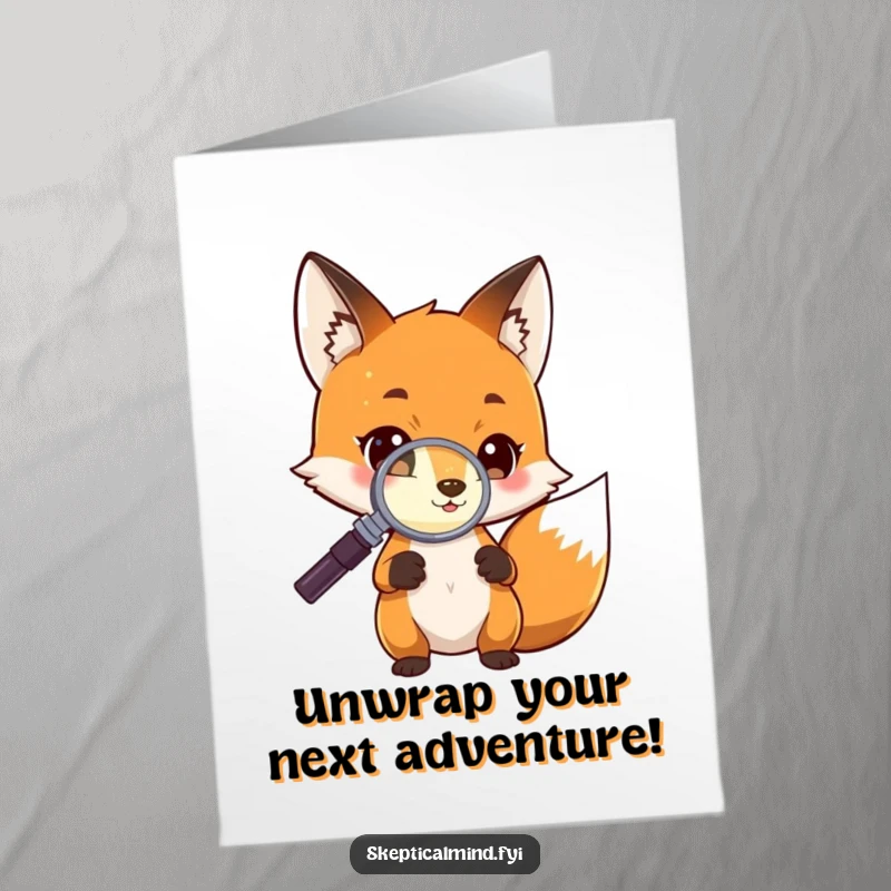 Funny Free Printable Birthday Card: Curious fox peers intently through a magnifying glass at a small glowing object. A whimsical downloadable.