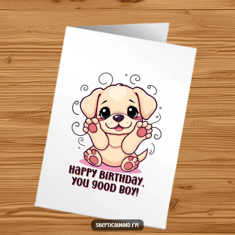 Funny Free Printable Birthday Card: A playful puppy with paws raised is surrounded by swirling lines, contemplating birthday cake choices.