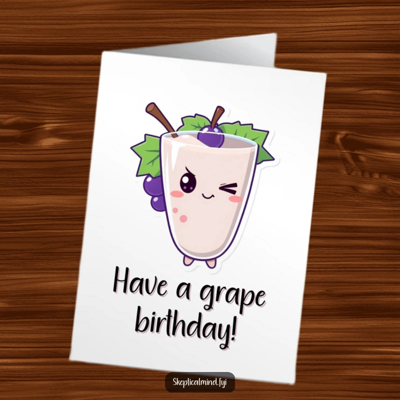 Funny Free Printable Birthday Card: A cheerful grape smoothie character winks playfully, full of birthday cheer.