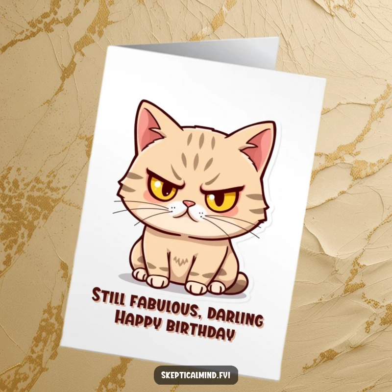 Funny Free Printable Birthday Card: A sassy cat with one eyebrow raised looks both unimpressed and slightly amused.