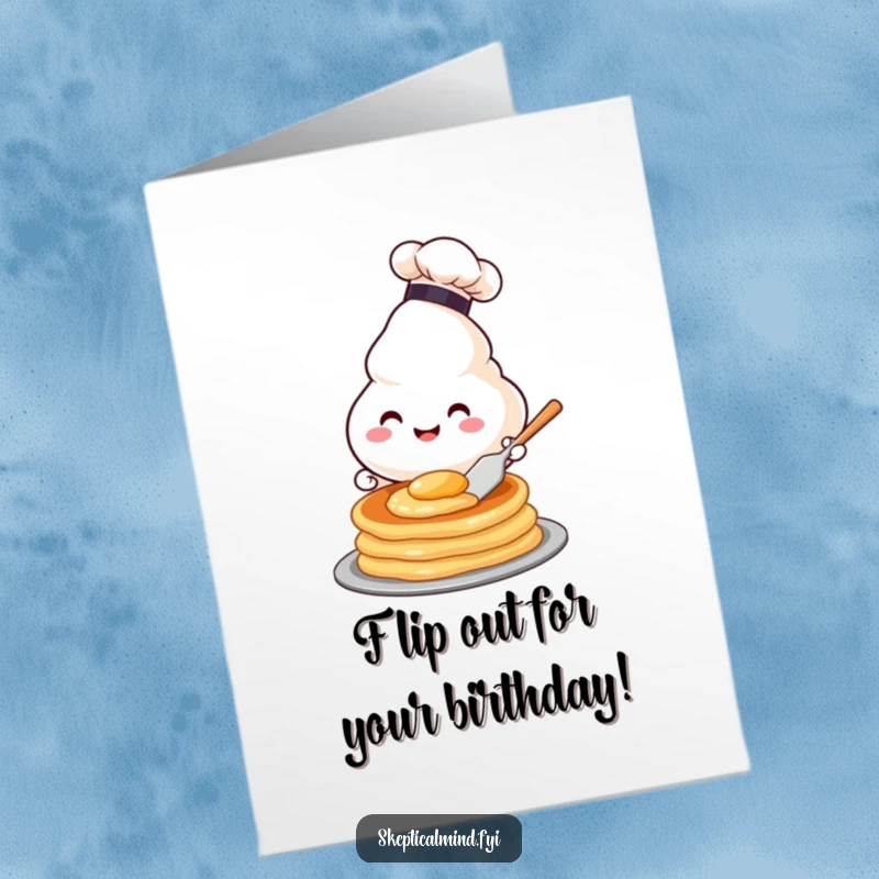 Funny Free Printable Birthday Card: A happy sour cream character in a chef hat expertly flips a pancake mid-air.