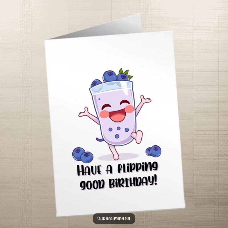 Funny Free Printable Birthday Card: Laughing blueberry smoothie character doing a cartwheel, a dynamic and humorous downloadable greeting.