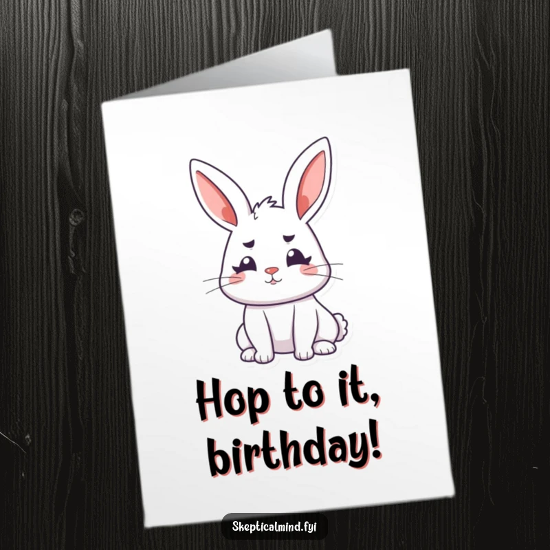 Funny Free Printable Birthday Card: A perky bunny with perked ears and furrowed brows tilts its head inquisitively.