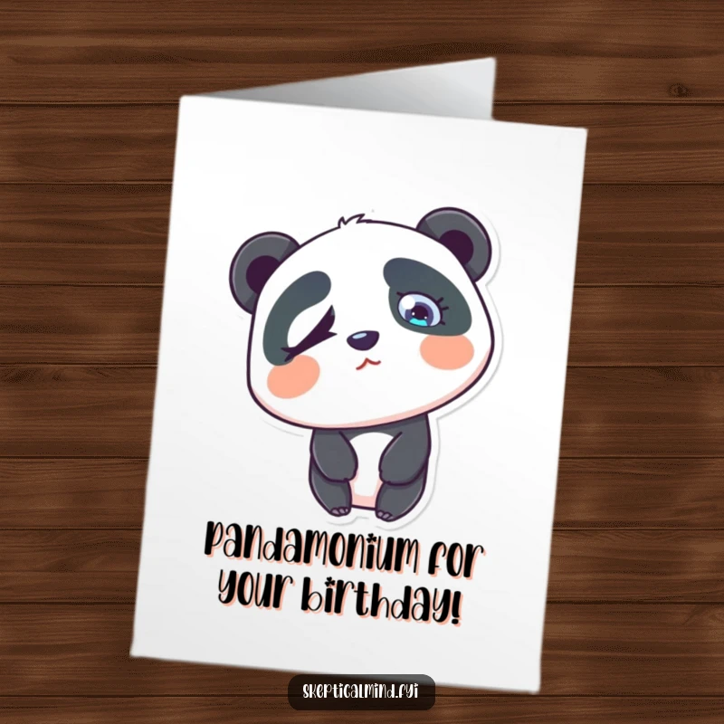 Funny Free Printable Birthday Card: A confused panda tilts its head, raising one eyebrow in humorous disbelief.