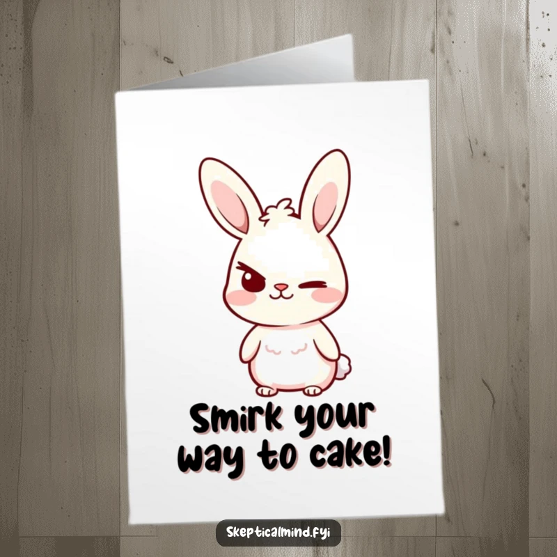 Funny Free Printable Birthday Card: Small bunny confidently raises one eyebrow with a mischievous smirk. A sassy, humorous downloadable.