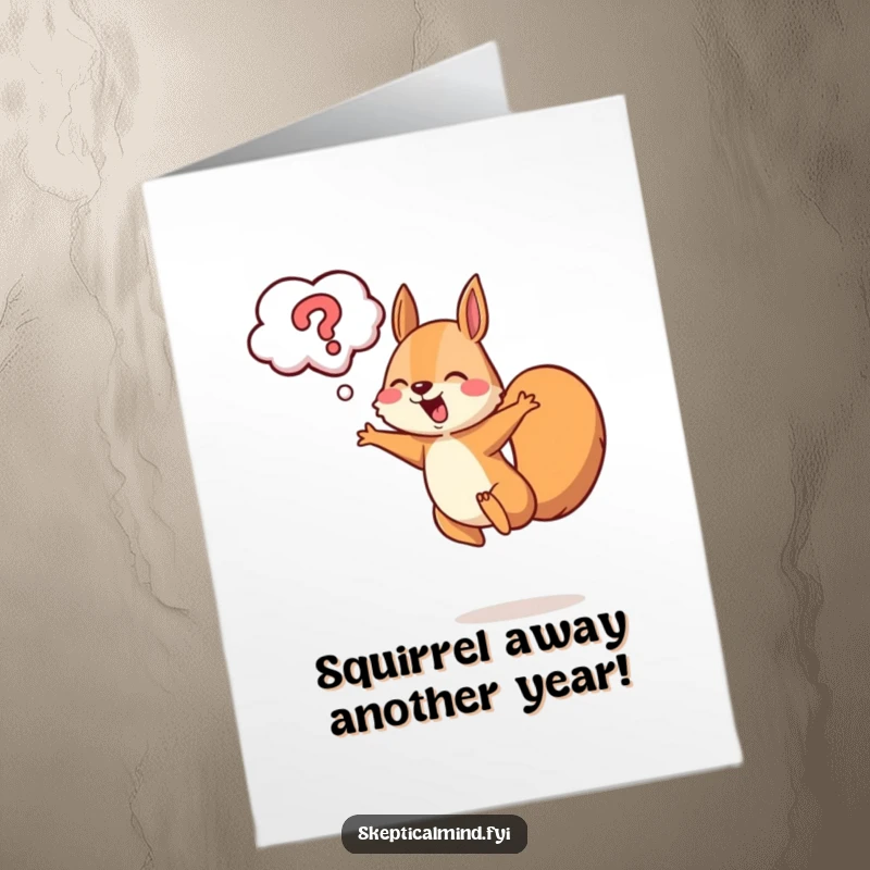 Funny Free Printable Birthday Card: A cheerful squirrel leaps joyfully with a question mark cloud floating above its head.