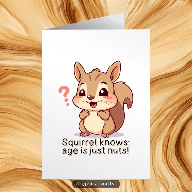 Funny free printable birthday card featuring a cheerful squirrel squinting at a tiny, baffling symbol with wide-eyed confusion.