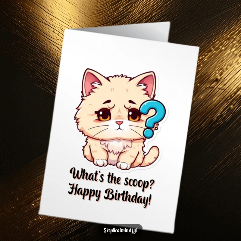 Funny Free Printable Birthday Card: A fluffy cat looks confused, peering intently at a floating question mark icon, pondering birthday wishes.