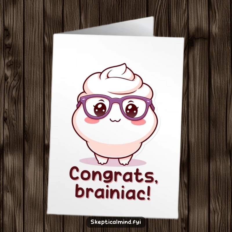 Funny Free Printable Congrats Card: Delighted sour cream character wearing oversized glasses and a tiny, silly grin, celebrating achievement.
