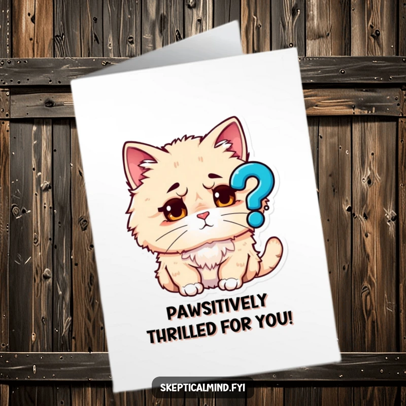 Funny Free Printable Congratulations Card: A fluffy cat with a quizzical expression stares at a question mark, wondering about the great news.