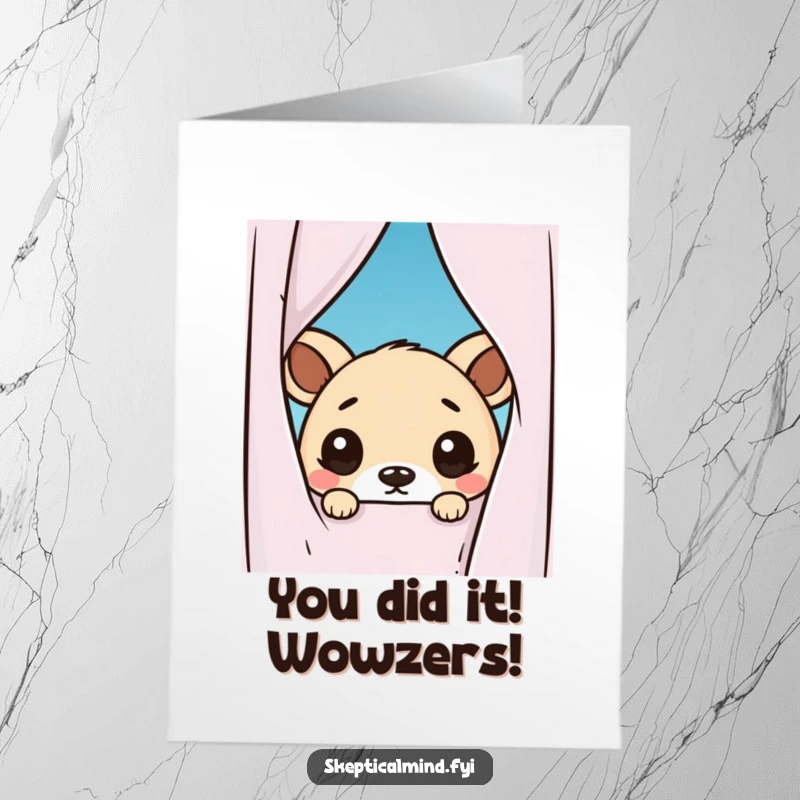 Funny Free Printable Congratulations Card: Kawaii animal peeking behind curtain, eyes wide with doubt, a humorous way to celebrate.