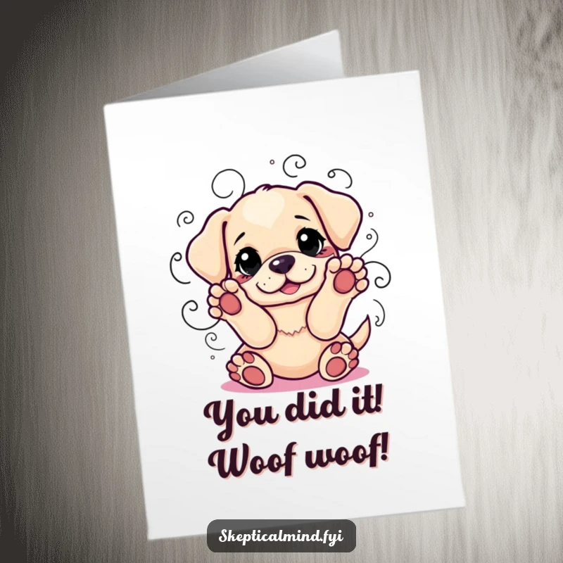 Funny Free Printable Congratulations Card: A playful puppy with paws up looks around, surrounded by swirling lines of indecision, celebrating a choice.