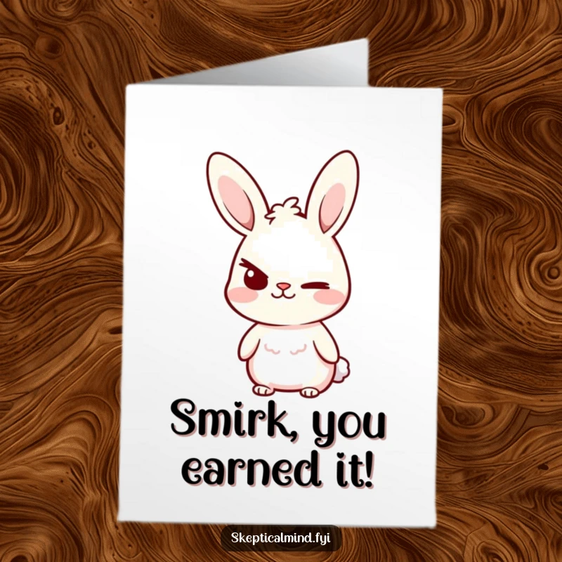 Funny Free Printable Congrats Card: A small bunny raises an eyebrow, sporting a confident, cheeky smirk. A humorous downloadable.