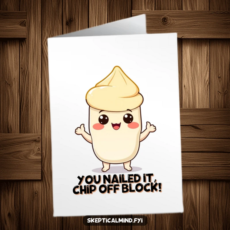 Funny Free Printable Congratulations Card: Confident sour cream character proudly presents a chip, celebrating success.