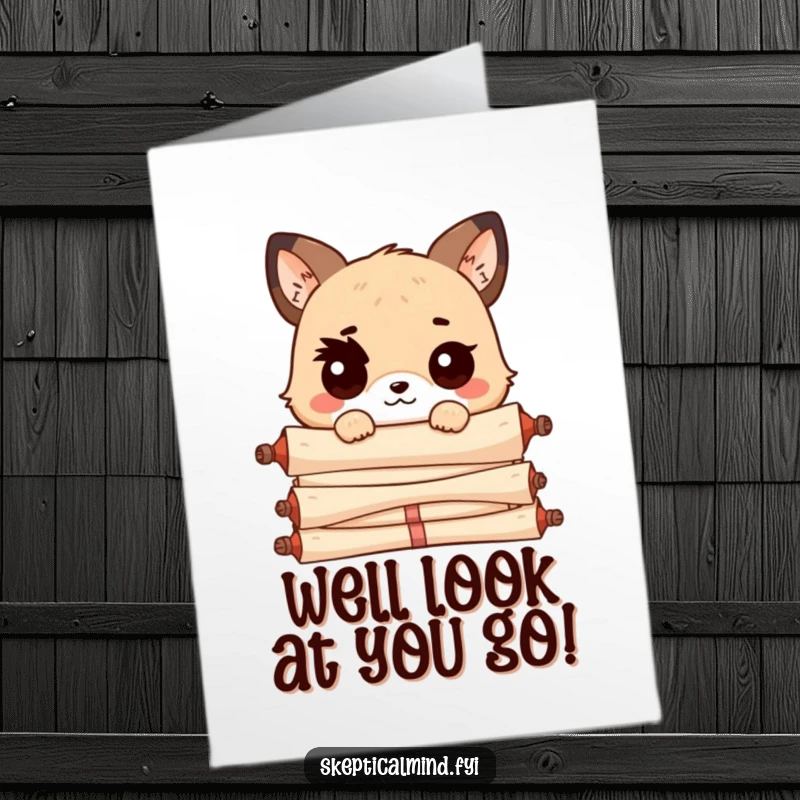 Free Printable Congratulations Card: Amused Kawaii animal with raised eyebrow peeking over scrolls, celebrating success.