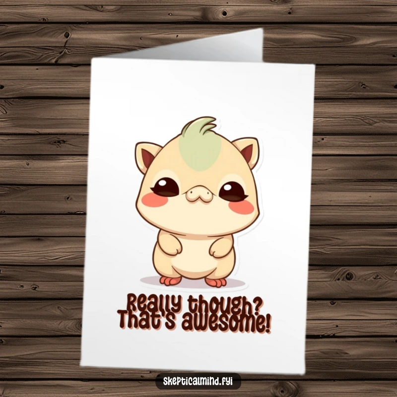 Free Printable Congratulations Card: Small Kawaii creature tilting head, skeptical expression, questioning their achievement.