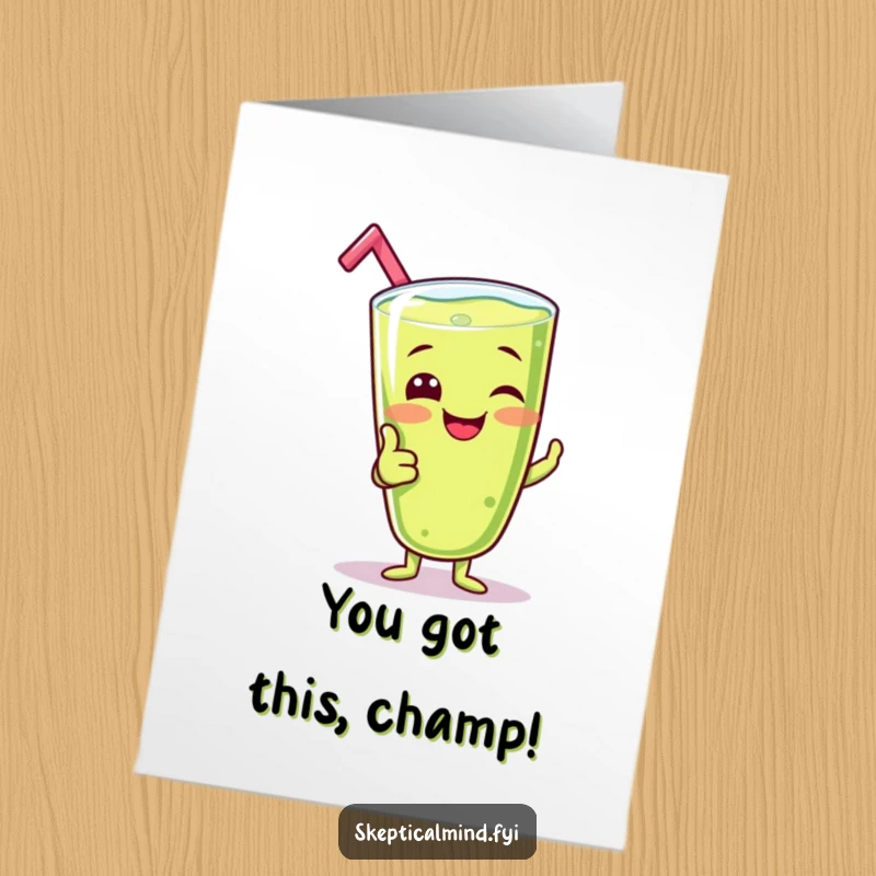 Funny Free Printable Congrats Card: A giggling kiwi smoothie character gives an enthusiastic and silly thumbs-up.