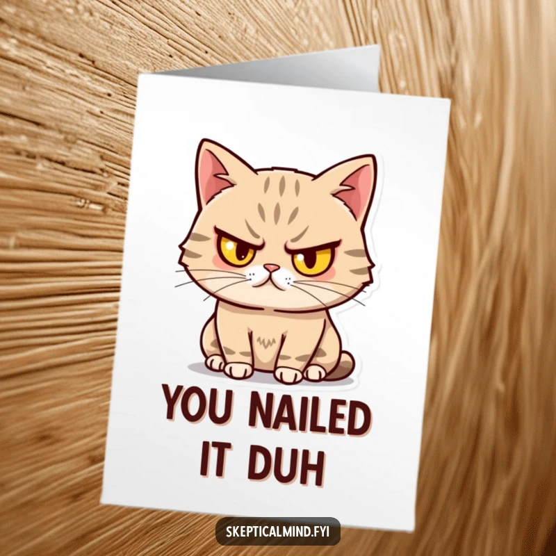 Funny Free Printable Congrats Card: A sassy cat with a raised eyebrow observes their achievement with amusement and doubt.