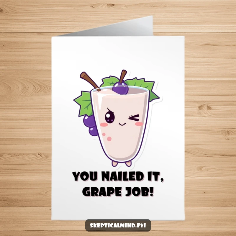 Funny Free Printable Congratulations Card: A grape smoothie character gives a cheeky, knowing wink.