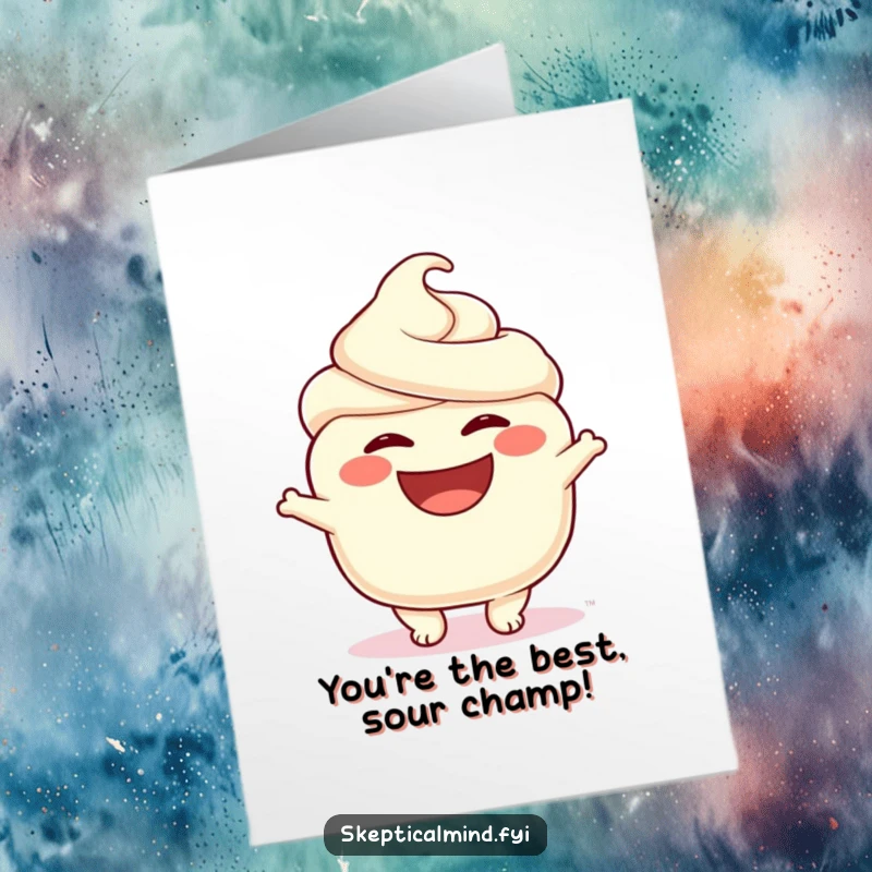 Funny Free Printable Congratulations Card: A sour cream character shows off a wide, joyous smile, celebrating success with glee.