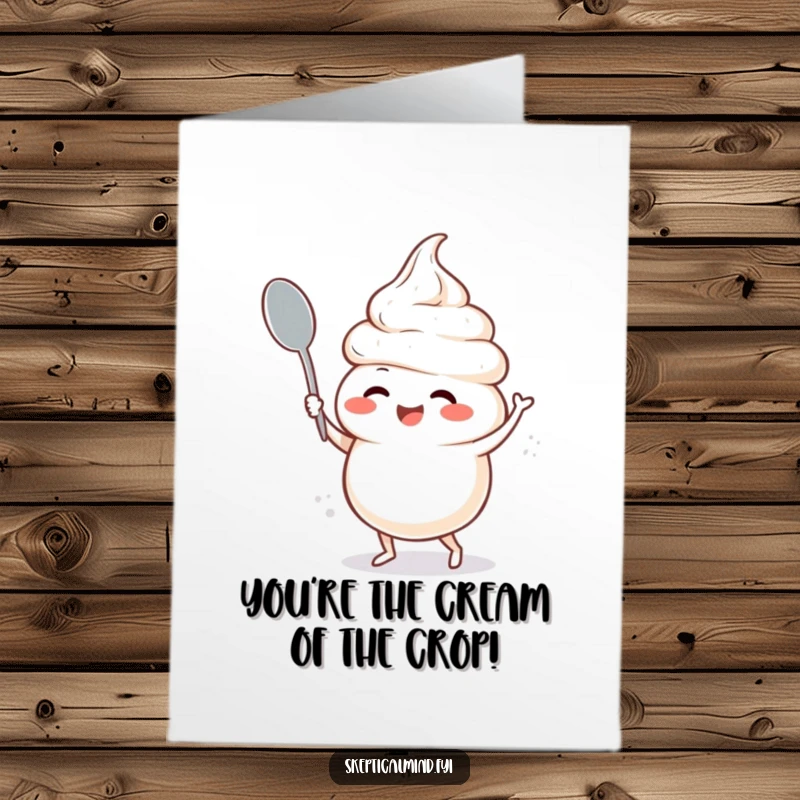 Funny Free Printable Congrats Card: Giggling sour cream character doing a silly dance with a spoon, perfect for celebrating wins.