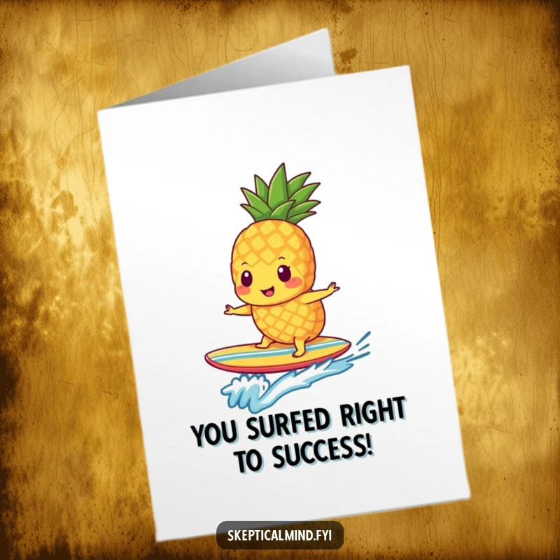 Funny Free Printable Congratulations Card: A happy pineapple smoothie surfer catches a big wave of success.