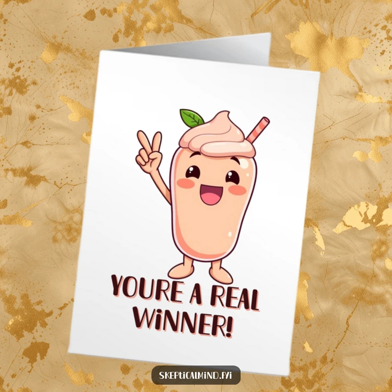 Funny Free Printable Congrats Card: An excited peach smoothie character strikes a dynamic and joyful victory pose.