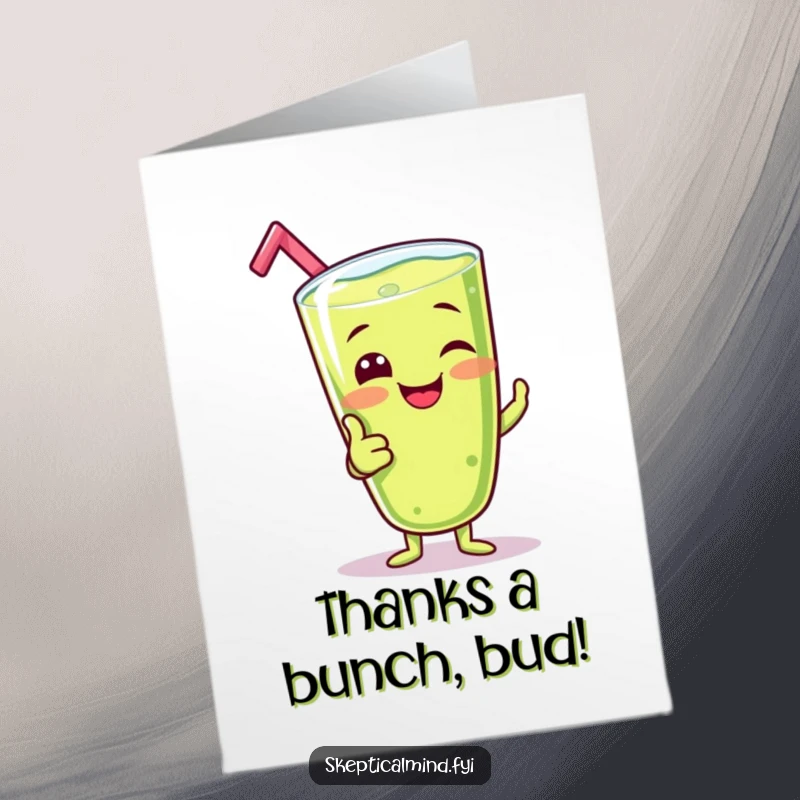 Funny Free Printable Thank You Card: A giggling kiwi smoothie character offers a hilarious and friendly thumbs-up.
