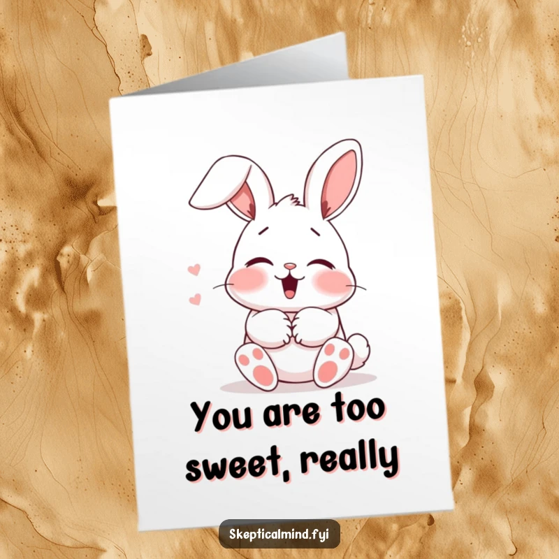 Funny Free Printable Thank You Card: Blushing bunny giggling behind paws, conveying sweet gratitude, DIY art.