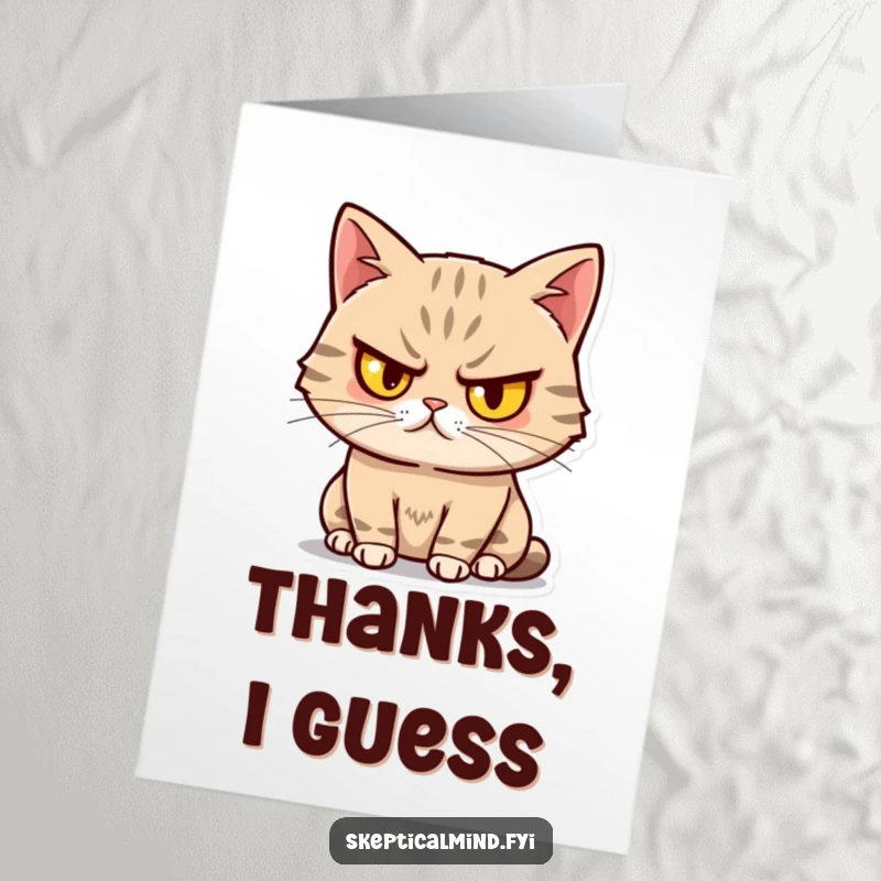 Funny Free Printable Thank You Card: A sassy cat with one eyebrow arched up looks unimpressed yet secretly amused.