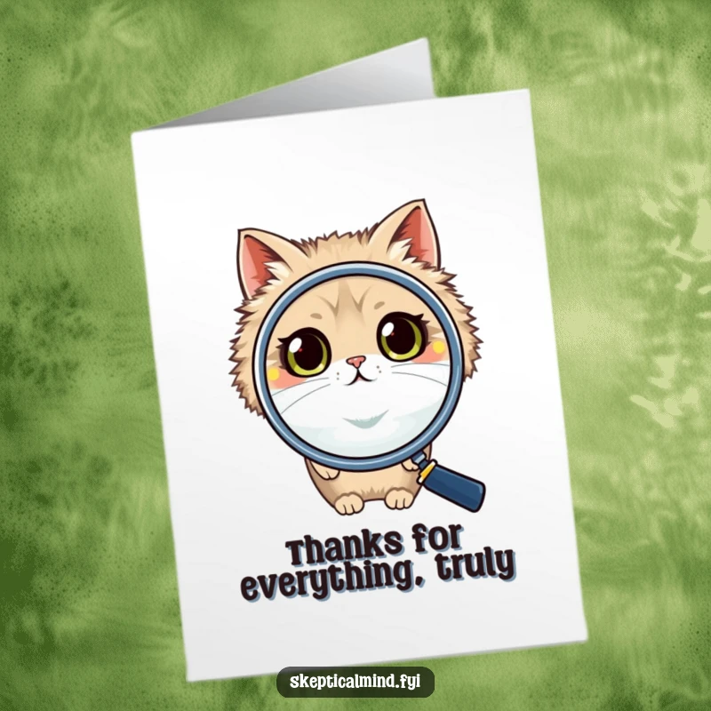 Funny Free Printable Thank You Card: A wide-eyed cat looks through a magnifying glass, questioning the reason for gratitude hilariously.