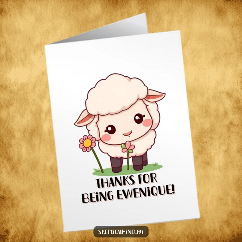 Funny Free Printable Thank You Card: A sheep with a silly expression sniffs a flower, perfect for a DIY thank you.