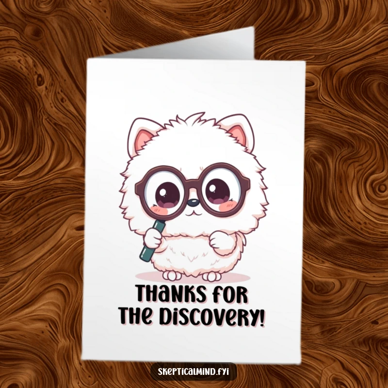 Funny Free Printable Thank You Card: A fluffy Kawaii animal with big glasses looks questioningly through a magnifying glass.