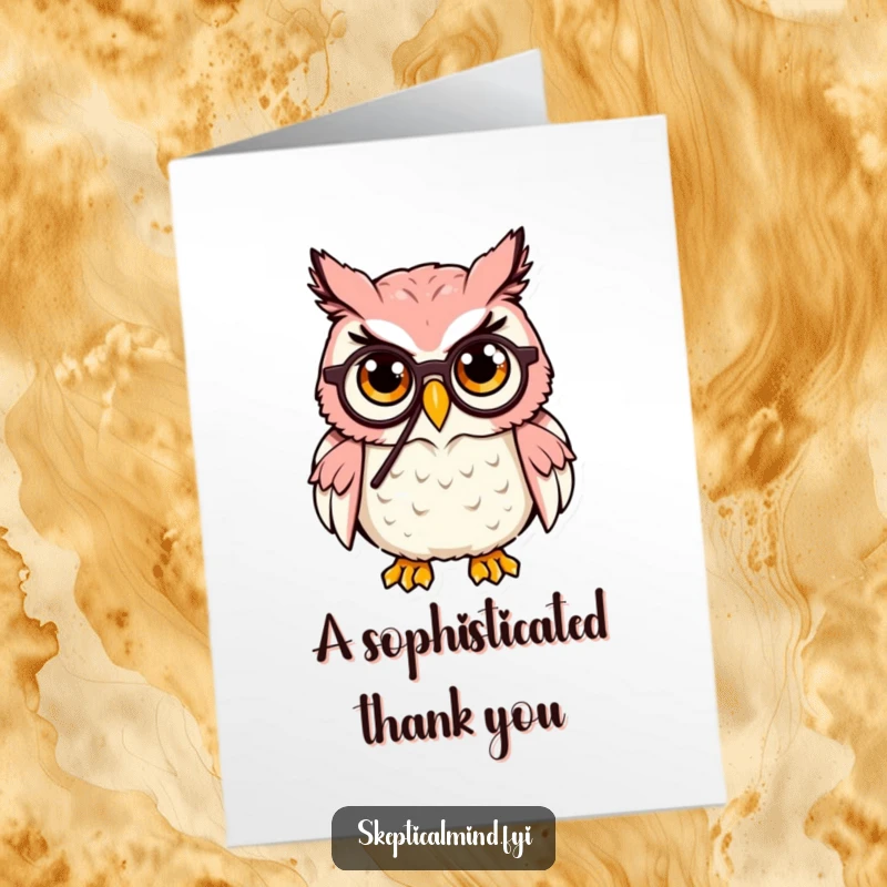 Funny Free Printable Thank You Card: A cute owl wearing a monocle, raising an eyebrow in a politely amused expression of thanks.