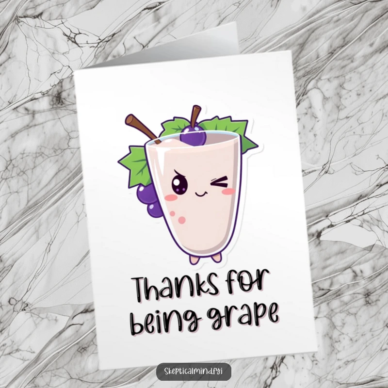 Funny Free Printable Thank You Card: A grape smoothie character gives a delightful wink, saying thanks.