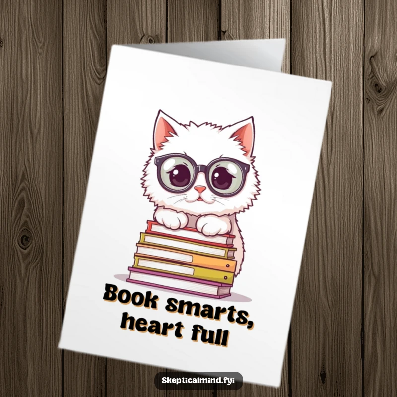 Funny Free Printable Thank You Card: A fluffy cat in big spectacles looking over books, conveying thanks.