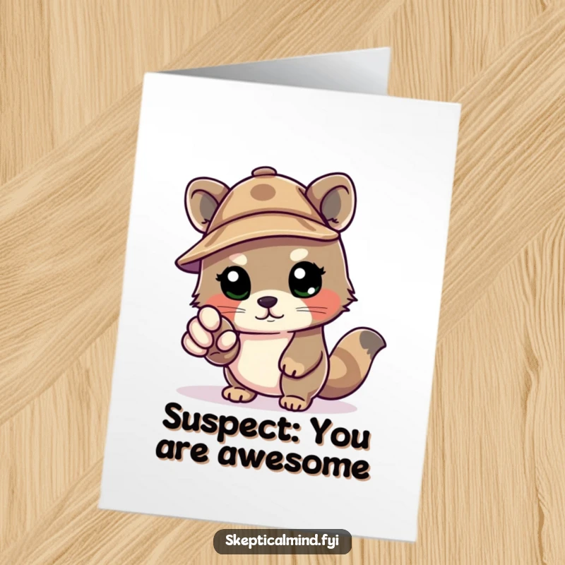 Funny Free Printable Thank You Card: Kawaii animal in deerstalker hat, pointing accusatory paw, thanking you.