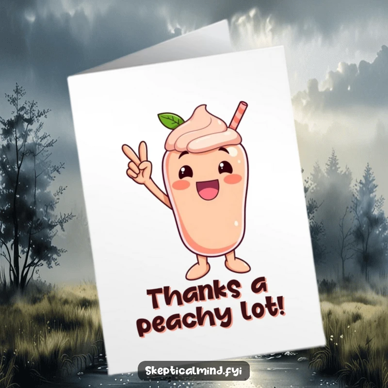 Funny Free Printable Thank You Card: An excited peach smoothie character strikes a victorious pose to show thanks.