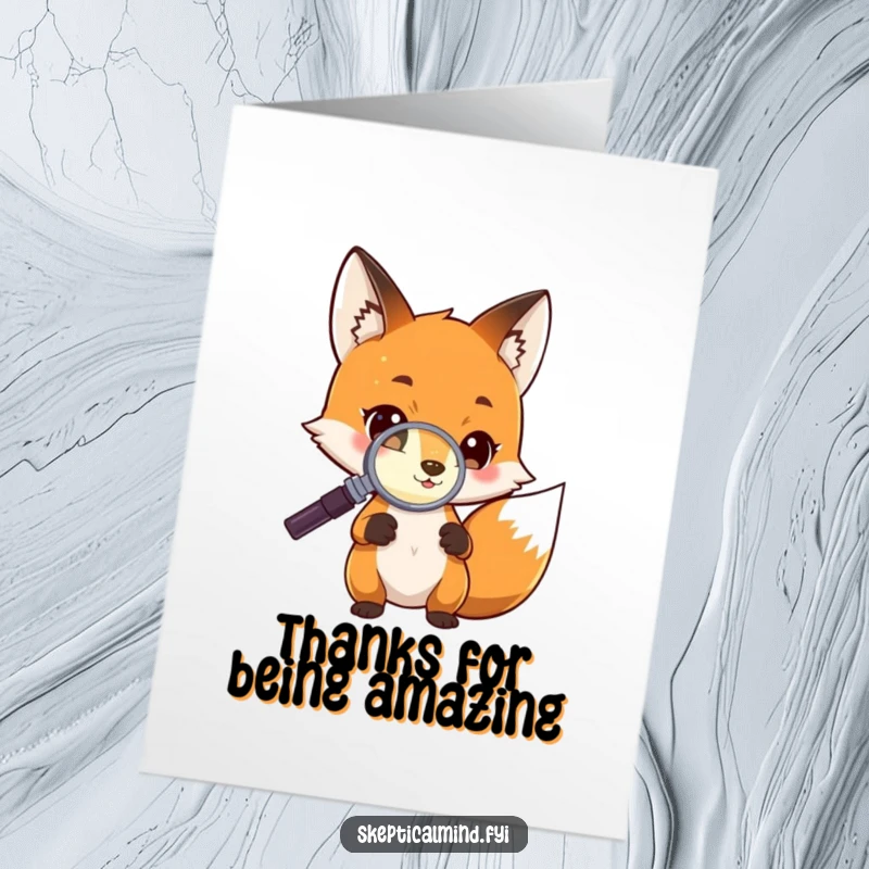 Funny Free Printable Thank You Card: A curious fox with a magnifying glass investigates a tiny, subtly glowing object. A thoughtful, humorous downloadable.