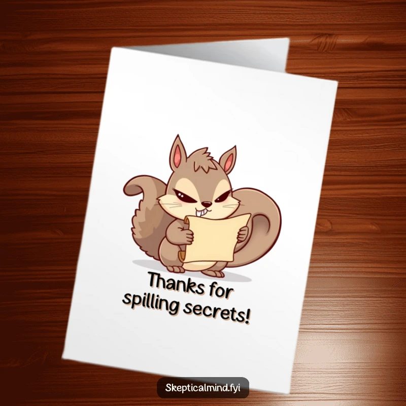 Funny Free Printable Thank You Card featuring a mischievous squirrel with a sly grin holding a secret scroll.