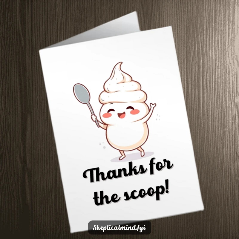 Funny Free Printable Thank You Card: Giggling sour cream character doing a silly dance with a spoon, showing thanks with humor.