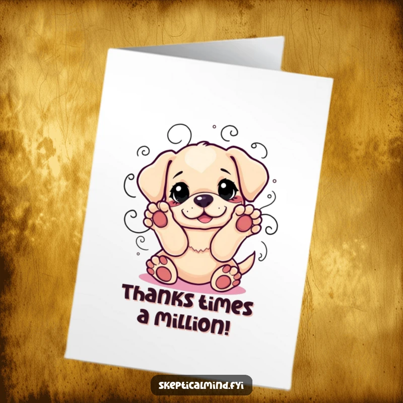 Funny Free Printable Thank You Card: A playful puppy with paws up is amidst swirling indecision lines, conveying heartfelt thanks.
