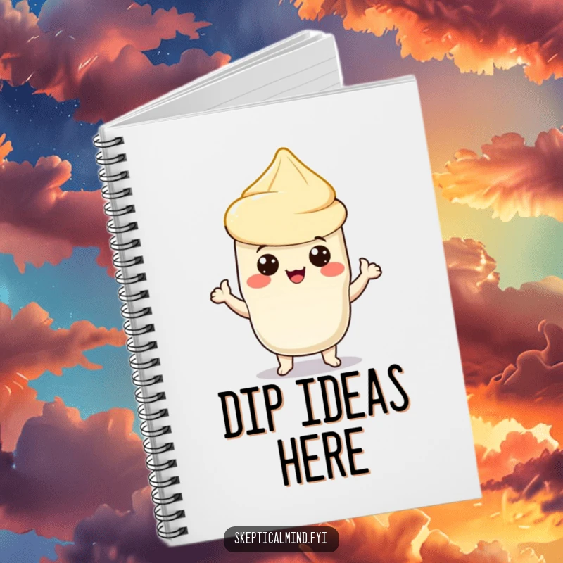Funny notebook with a proud sour cream character presenting a chip, designed for jotting down thoughts with a humorous and delightful touch.
