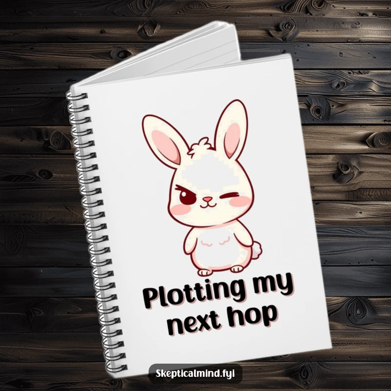 Funny Notebook with a small bunny character raising one eyebrow with a smirk, ideal for jotting down plans and secrets.